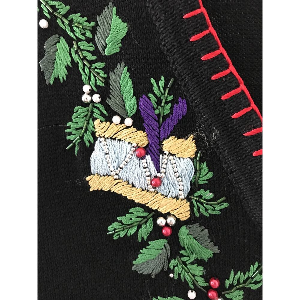 Vtg Victoria Jones Black Ugly Christmas Button Up Cardigan Sweater Vest M L 44" - Picture 5 of 8